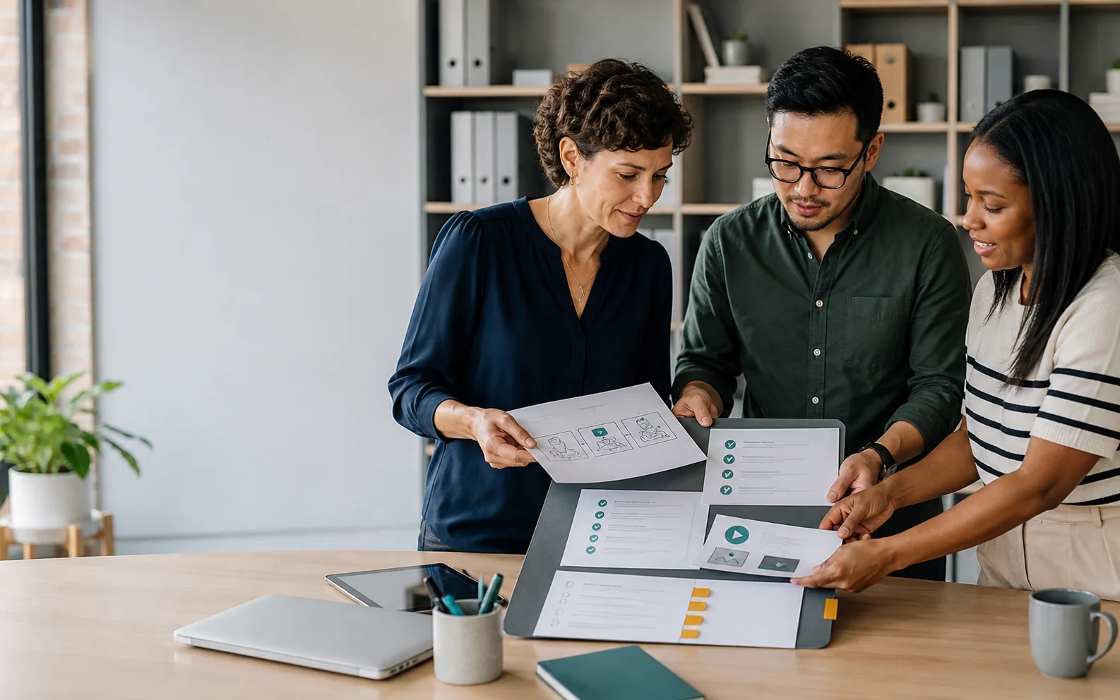 Three customer-facing professionals reviewing a packet of product guidance at a worktable.