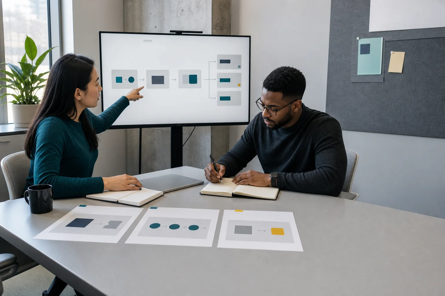 Two software sales professionals preparing a product walkthrough and its next-step handoff.